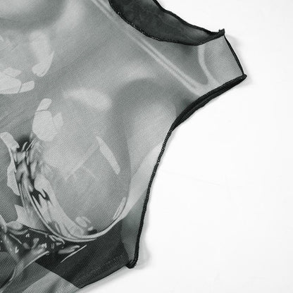 Sleeveless crewneck body print sheer mesh maxi dress