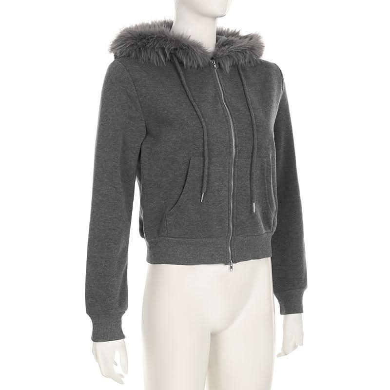 Hoodie long sleeve fluffy zip-up coat top