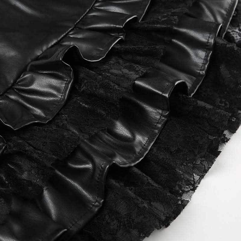 PU leather lace patchwork ruched mini skirt-final-sale