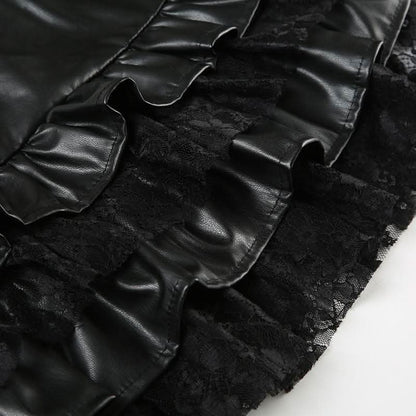 PU leather lace patchwork ruched mini skirt-final-sale