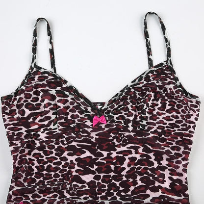 Leopard print mesh bowknot lace hem cami top