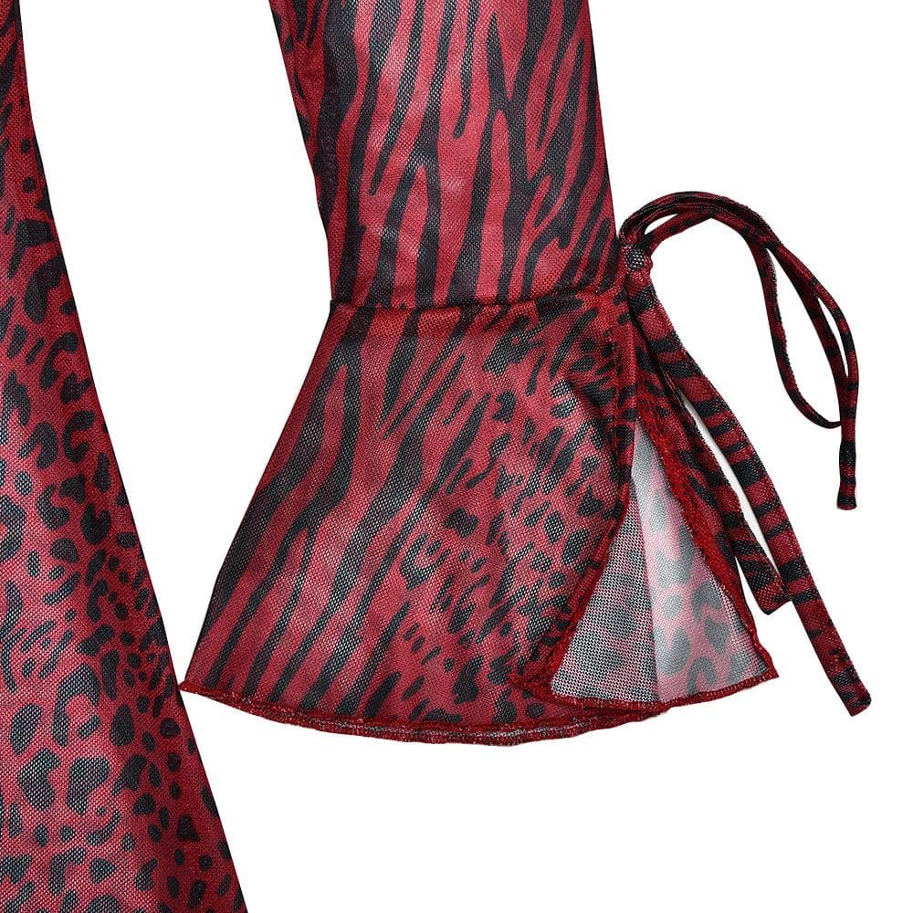 Long flared sleeve tiger print sheer mesh backless maxi dress