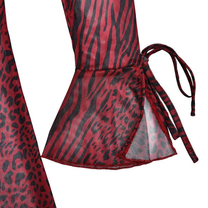 Long flared sleeve tiger print sheer mesh backless maxi dress