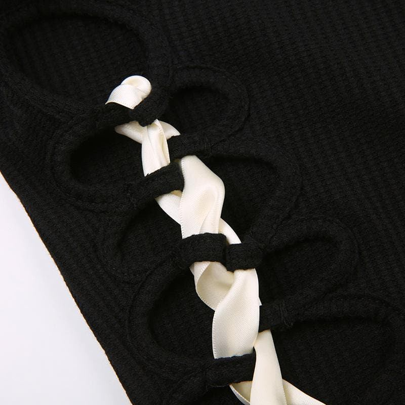 Bowknot long sleeve hollow out lace up contrast cut out top