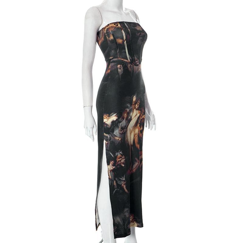 Renaissance Art Print Strapless Corset High Slit Maxi Dress