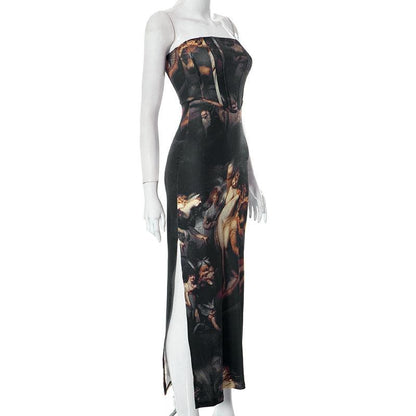 Renaissance Art Print Strapless Corset High Slit Maxi Dress
