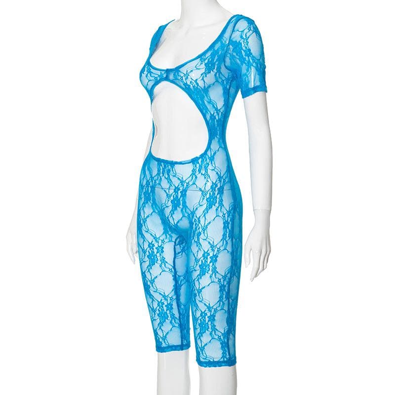 Short sleeve lace see through backless romper