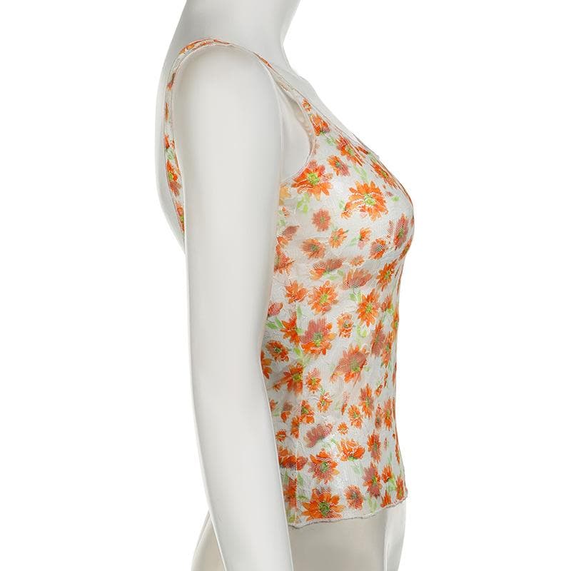 U neck flower print backless cami top