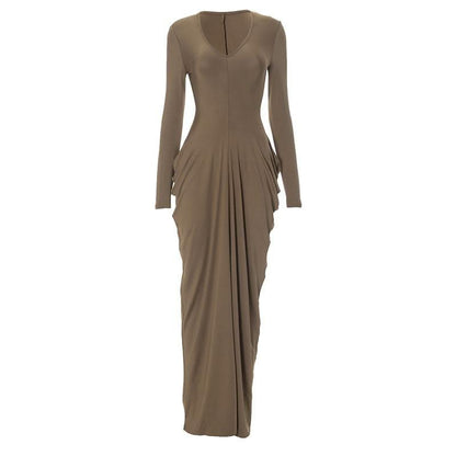 V neck long sleeve cowl neck solid maxi dress