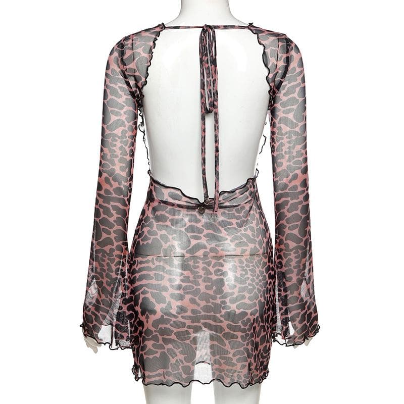 Sheer mesh leopard print contrast see through self tie backless mini dress