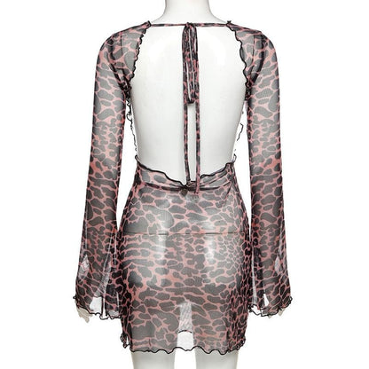 Sheer mesh leopard print contrast see through self tie backless mini dress