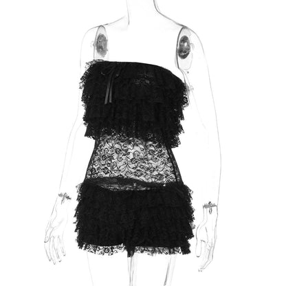 Lace ruffle bowknot tube romper