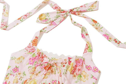 Halter print lace hem knotted maxi dress