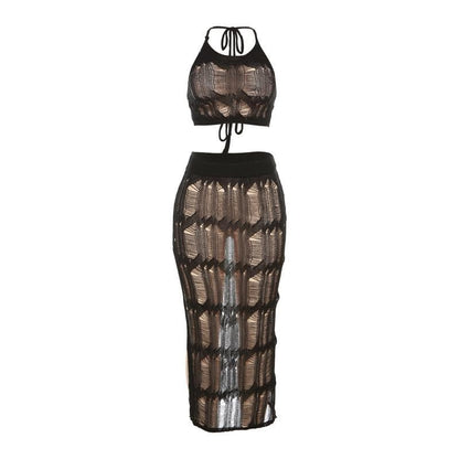 Crochet solid halter self tie see through slit midi skirt set-final-sale