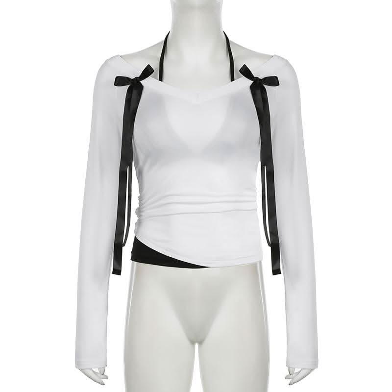 Halter v neck long sleeve bowknot top