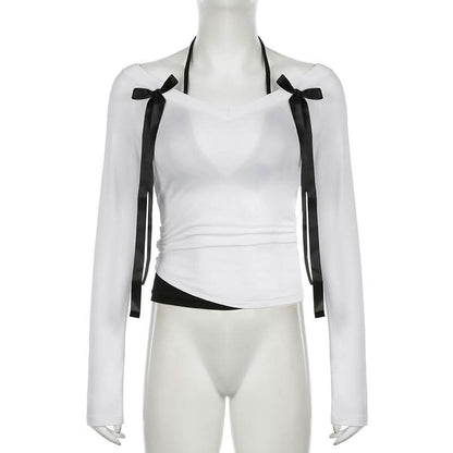 Halter v neck long sleeve bowknot top