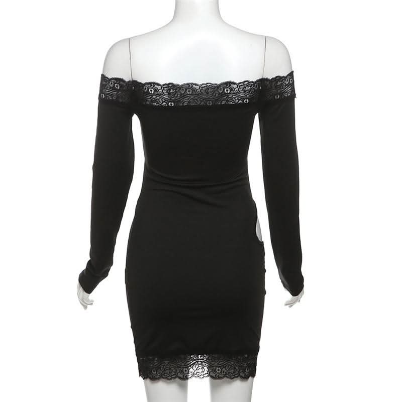 Long sleeve off shoulder lace hem hollow out cut out mini dress