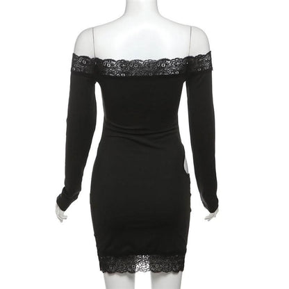 Long sleeve off shoulder lace hem hollow out cut out mini dress
