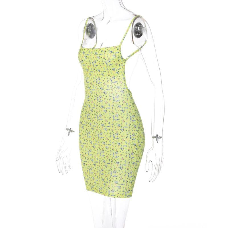 Ditsy Floral Print Spaghetti Strap Square Neck Bodycon Mini Dress