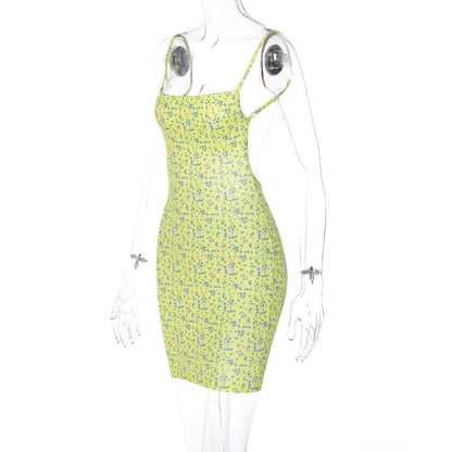 Ditsy Floral Print Spaghetti Strap Square Neck Bodycon Mini Dress