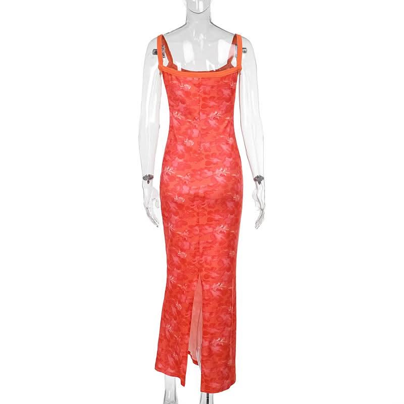 Slit u neck flower print backless cami mini dress