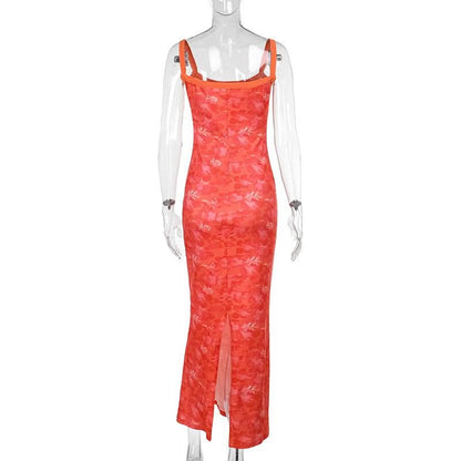 Slit u neck flower print backless cami mini dress