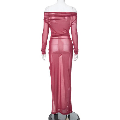 Long sleeve off shoulder sheer mesh ruched slit maxi dress