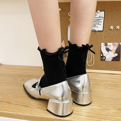 Ribbed bowknot ruffle contrast socks