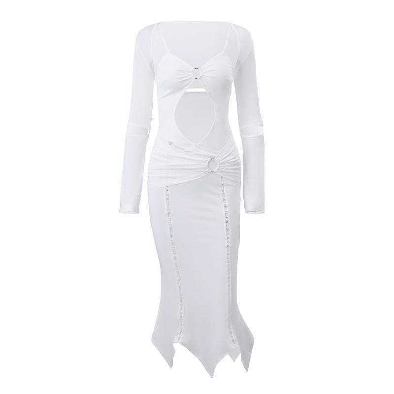Long Sleeve O Ring Cutout Ruched Shrug Cami Midi Dress