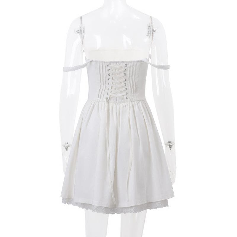 Lace hem lace up ruched backless square neck mini dress