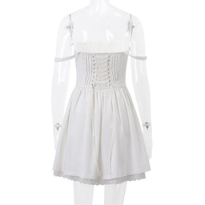 Lace hem lace up ruched backless square neck mini dress