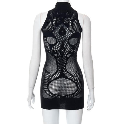 Fishnet sleeveless hollow out high neck see through cut out mini dress