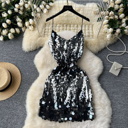 Glitter v neck spaghetti strap zip-up backless mini dress