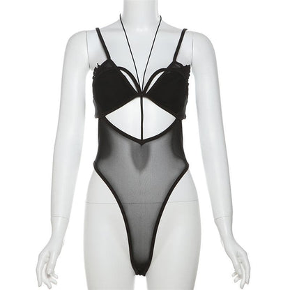 Mesh hollow out stitch ruffle solid cami bodysuit
