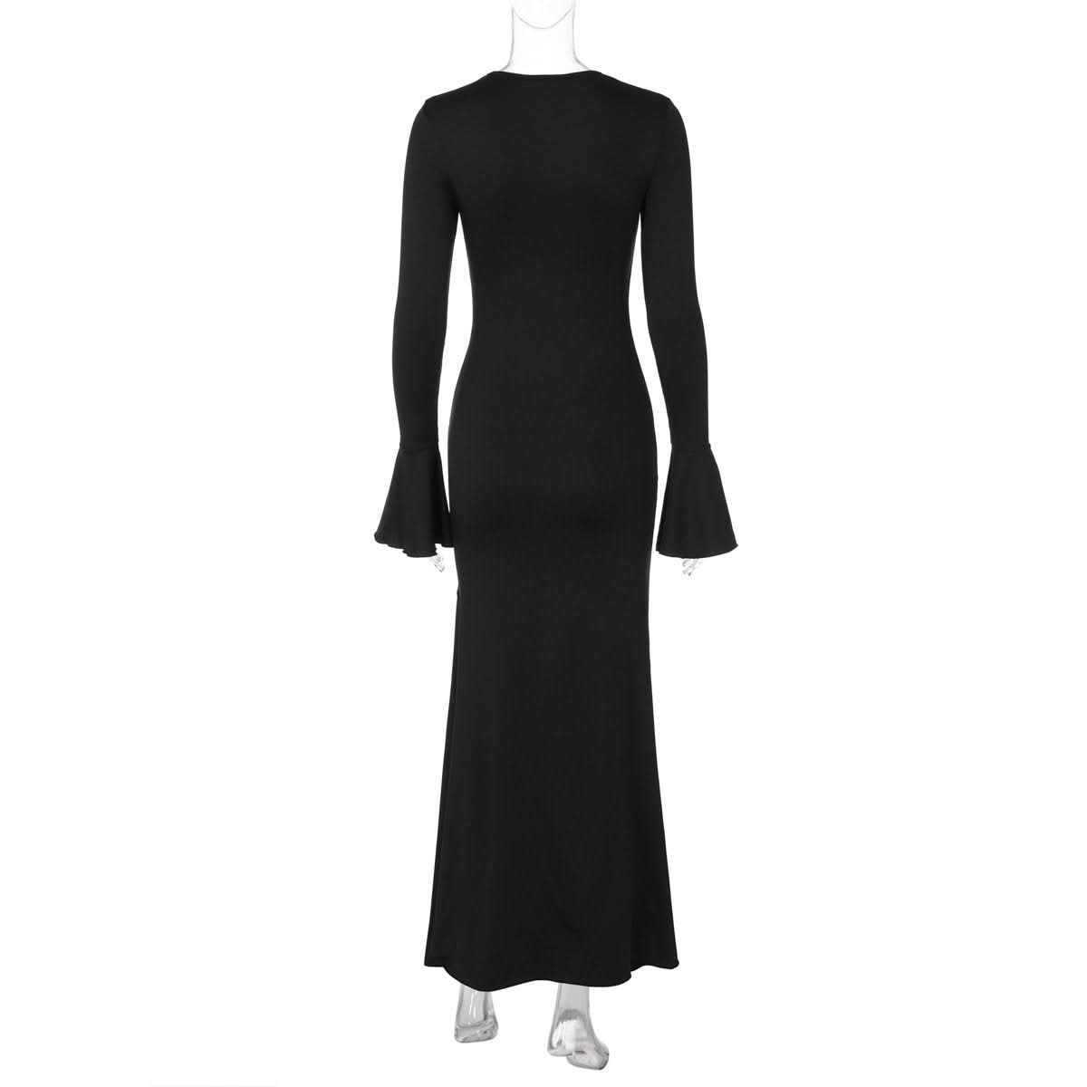 Long flared sleeve v neck ruched maxi dress