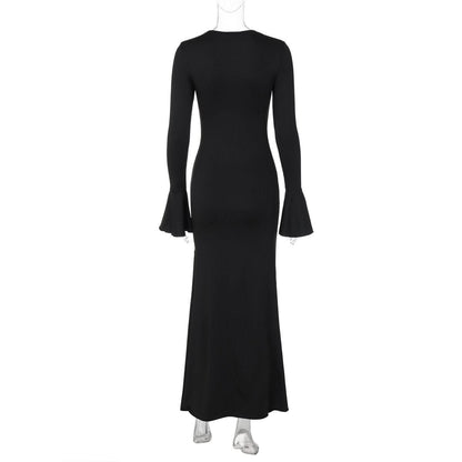 Long flared sleeve v neck ruched maxi dress