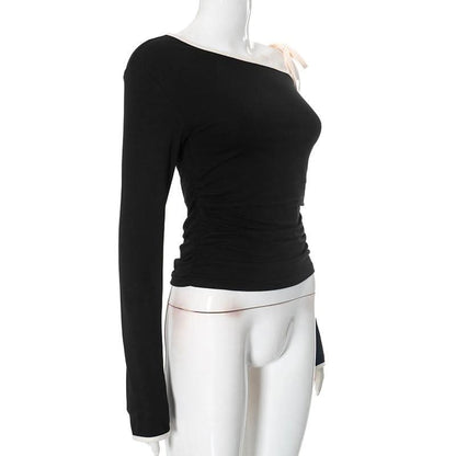 One shoulder long sleeve self tie top