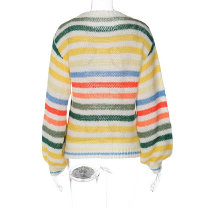 knitted long sleeve striped contrast crewneck top