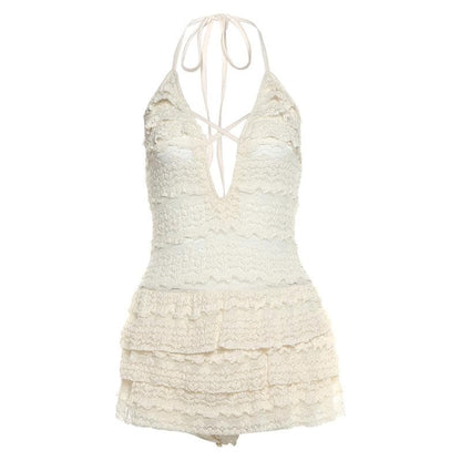 Halter self tie see through v neck hollow out cut out mini dress