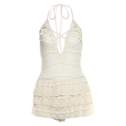 Halter self tie see through v neck hollow out cut out mini dress