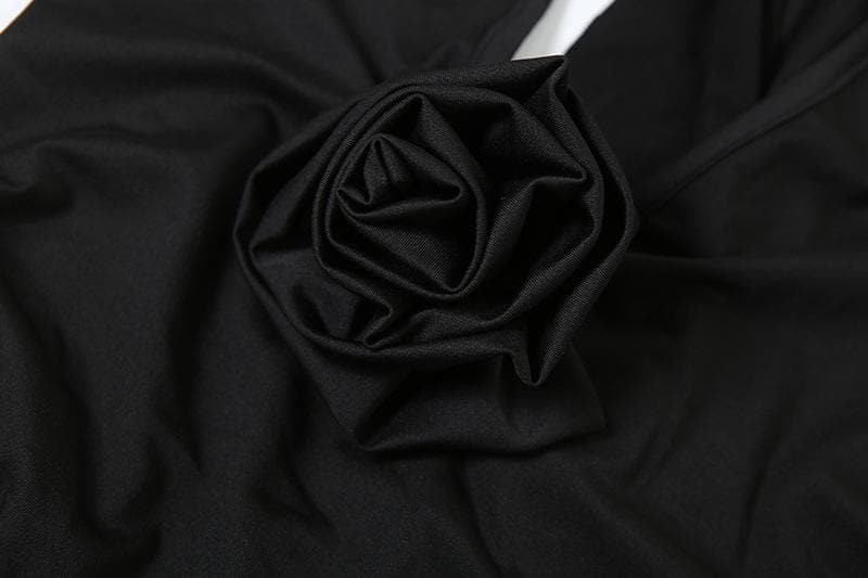 Halter v neck flower applique backless ruched maxi dress