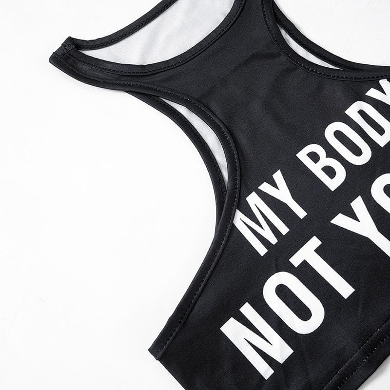 Round neck letter print solid crop tank top