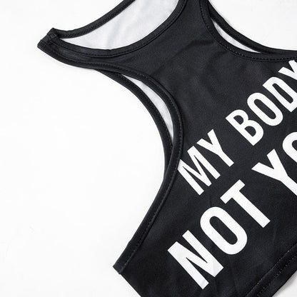 Round neck letter print solid crop tank top