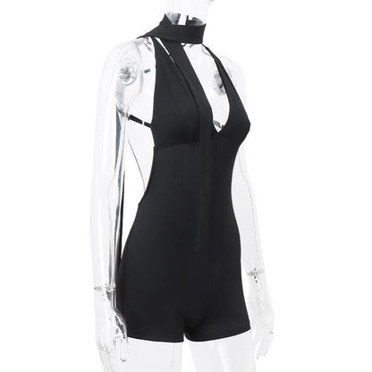 Deep V neck cross back backless ruched solid cami romper