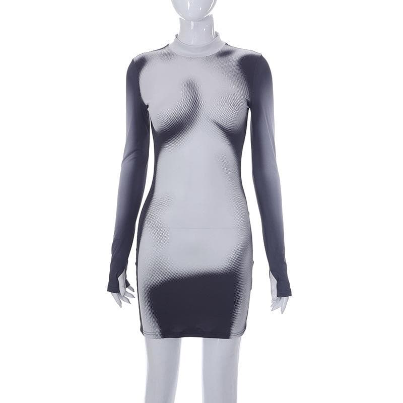 Mock Neck Long Sleeve Body Print Trompe Loeil Bodycon Mini Dress