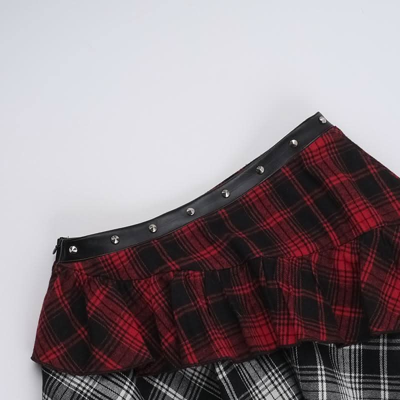 Plaid irregular buckle ruffle lace hem patchwork mini skirt