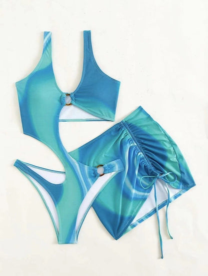 Hollow out o ring contrast drawstring one piece swimwear with cut out mini skirt