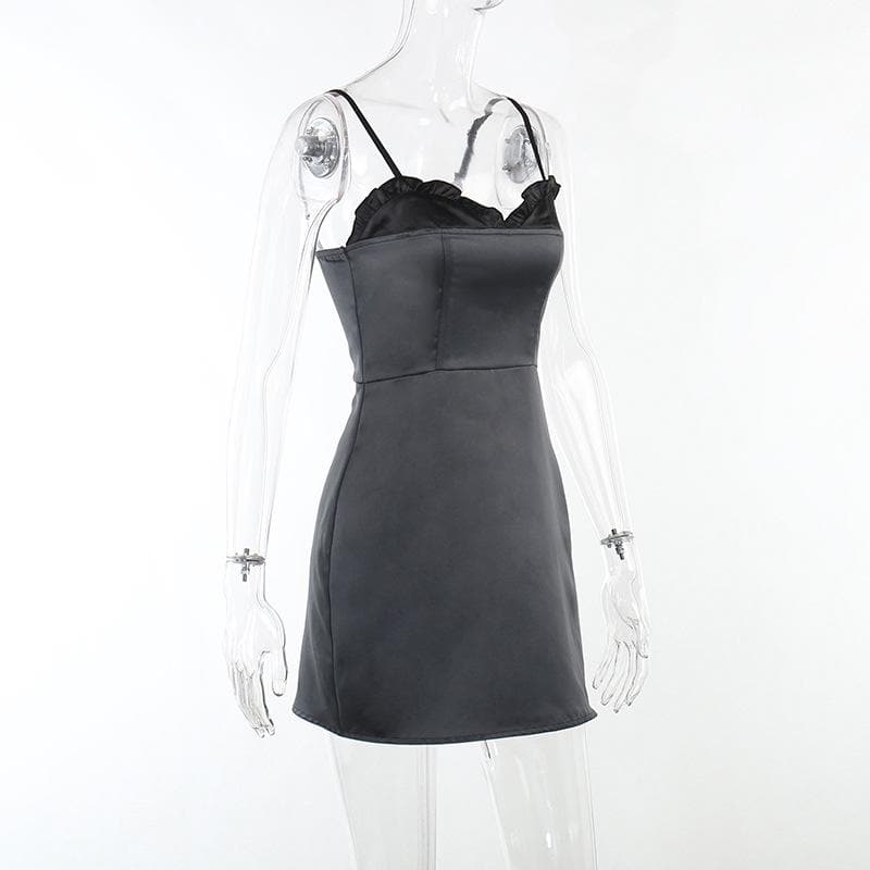 Sweetheart Ruffle Trim Zip Up Backless Satin Cami Mini Dress