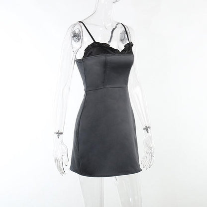 Sweetheart Ruffle Trim Zip Up Backless Satin Cami Mini Dress