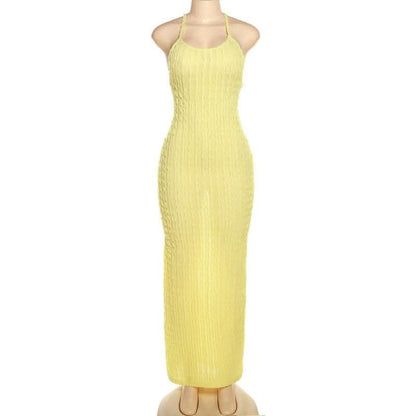 Cross back self tie backless u neck textured solid maxi dress-final-sale